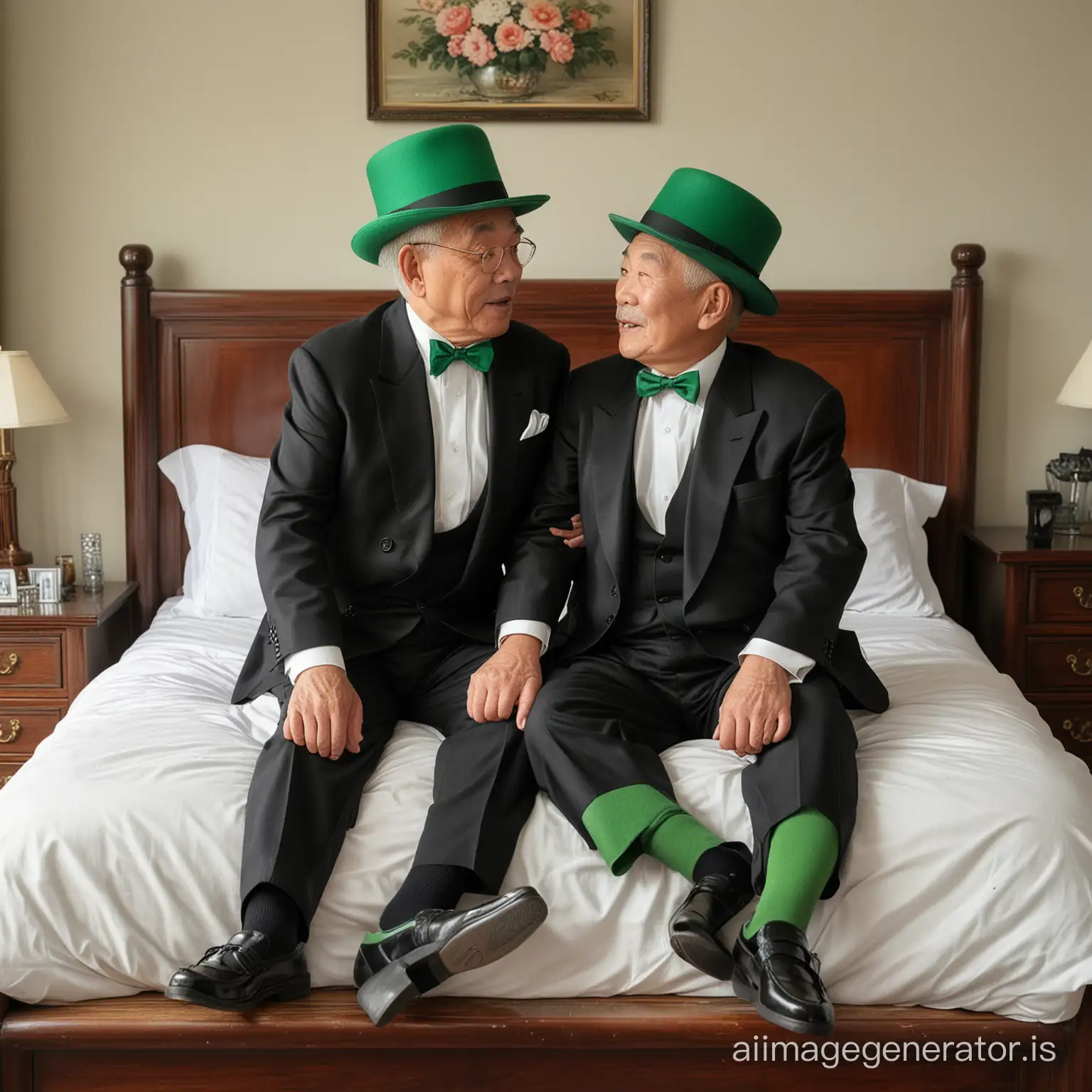 Elderly-Chinese-Couple-Affectionately-Kissing-in-Coordinated-Formal-Attire-on-Bed