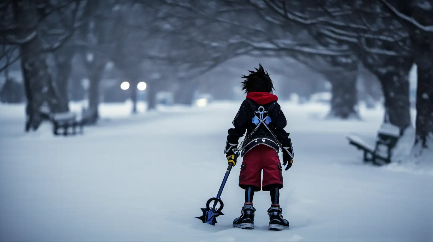cinematic, documentary photography, close up shot, Kingdom Hearts new title, ARRIFLECT 35BL Camera, Canon K35 Prime Lenses, snowy, 70mm, dedication--ar 16:9--style raw--v 6.0
