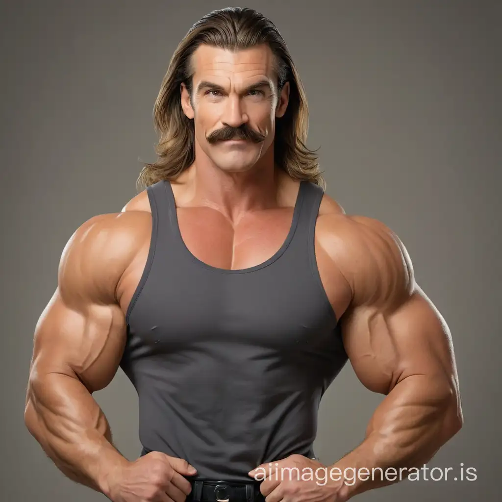 Very tall 7 foot mature handsome bodybuilder with mustache, smirking, long hair, masculine, large jaw, huge arms, with hands on his tiny narrow waist, and wide chest.