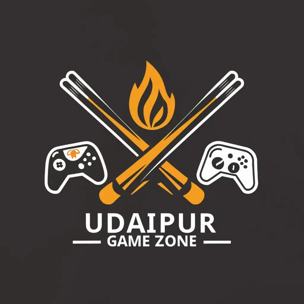 a logo design,with the text "Udaipur Game Zone", main symbol:snooker cue sticks, fireball, game console,Minimalistic,be used in Events industry,clear background