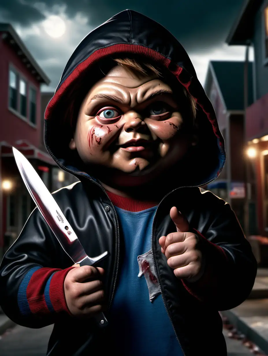 Creating a photo-realistic close-up depiction of a little fat boy with Chucky's face, a knife in his right and left hand, a black hood and a town background in southern cinema lighting, in a full body compositing in 8K resolution. The 9:16 resolution and aspect ratio would require the skills of a talented digital artist or designer to make this vision a reality. Make sure the artist pays close attention to detail to achieve a realistic painting.