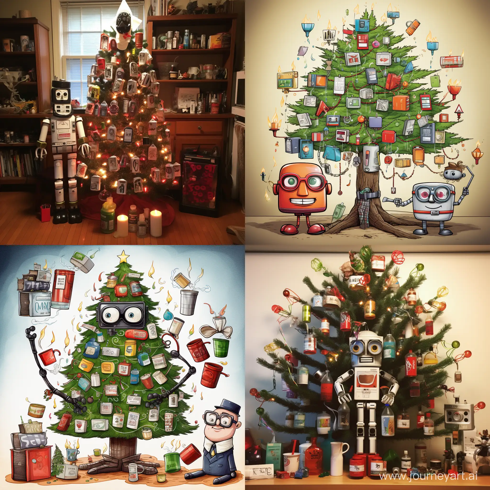 A robot tree decorated with flasks instead of toys, where the flasks are the names of the companies I work with. Under the tree boxes with toys are lying and there is one more gift takes on a technique like a tractor, a laboratory machine some kind of gift in a bucket and in the machine sits the character himself, looking like a scientist. Add a window to the background. around the Christmas tree running smurfs, superheroes flash from the comic book, tigers in costume. All of them in the form of grinchs who want to steal gifts.