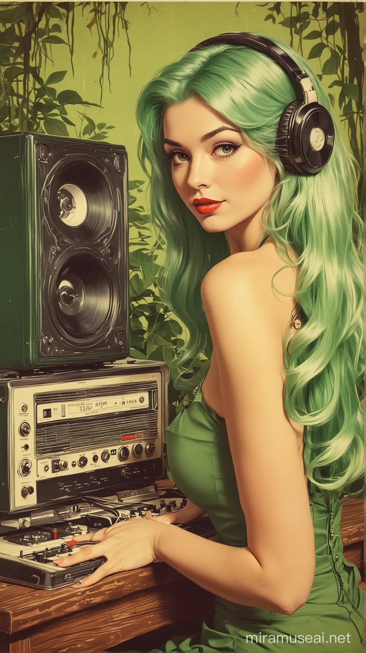 Vintage Pinup Lady with Green Hair Listening to Music in Swamp Composition