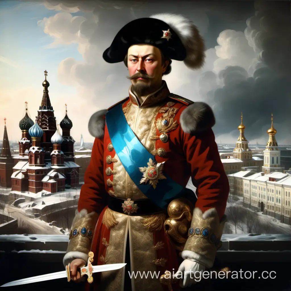 Русский Портрет Царя в Наряде 18 Века в руках у него сабля на заднем плане изображен Старый Русский город