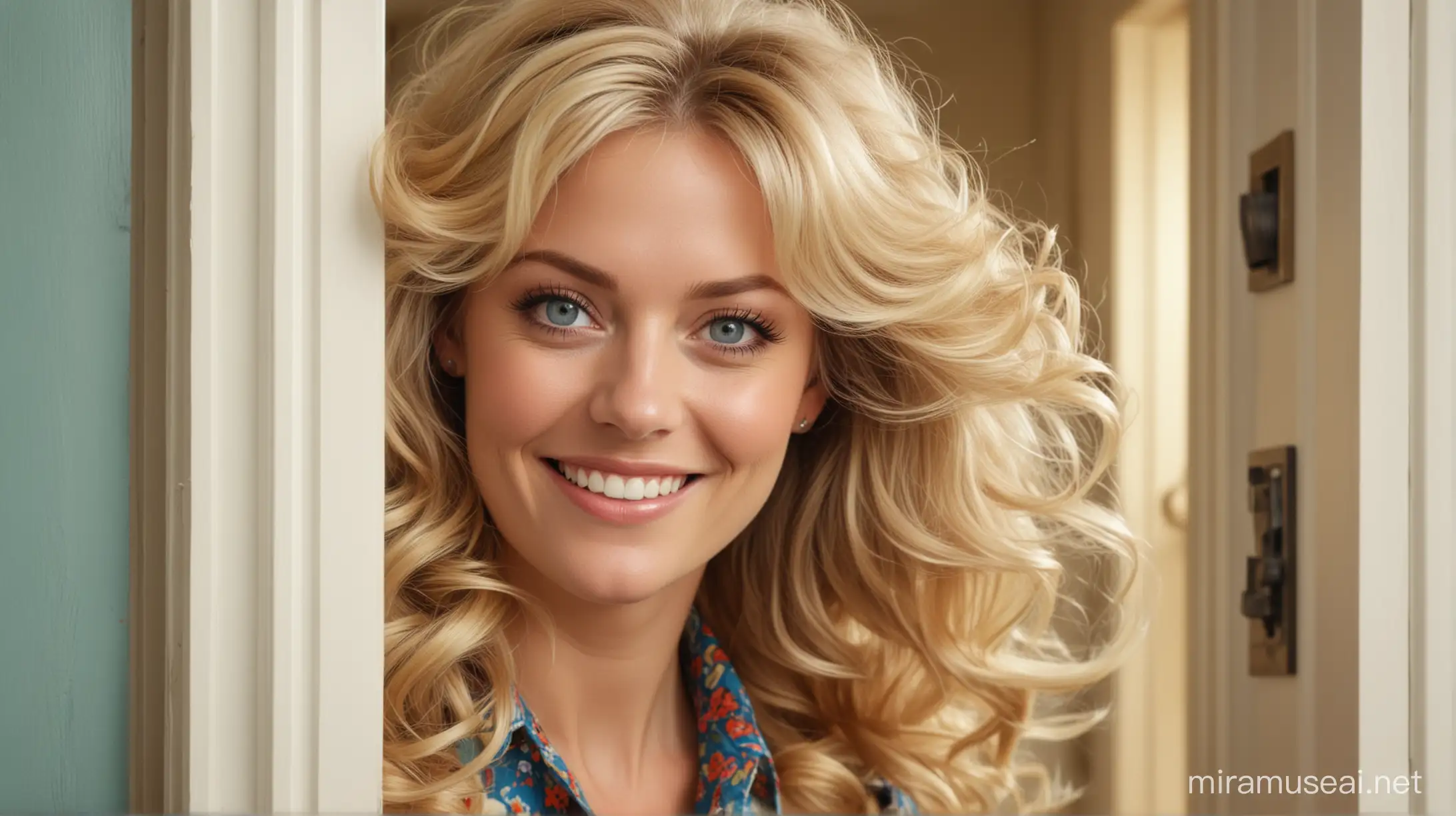 a blonde woman from stylized in 1970s  with blue eyes peeking through a slightly ajar door. She has a very cheerful and welcoming expression on her face, with a bright, wide smile. Her hair is styled in voluminous waves, and she has makeup on, including mascara and possibly eyeliner, which accentuates her eyes. The lighting of the image suggests an indoor setting with a warm ambiance, and the woman is wearing a garment with a floral pattern, suggesting a casual, perhaps spring or summer attire. The illustration style is detailed and somewhat stylized, with a focus on the woman's face.the background is 1970s american home innside.