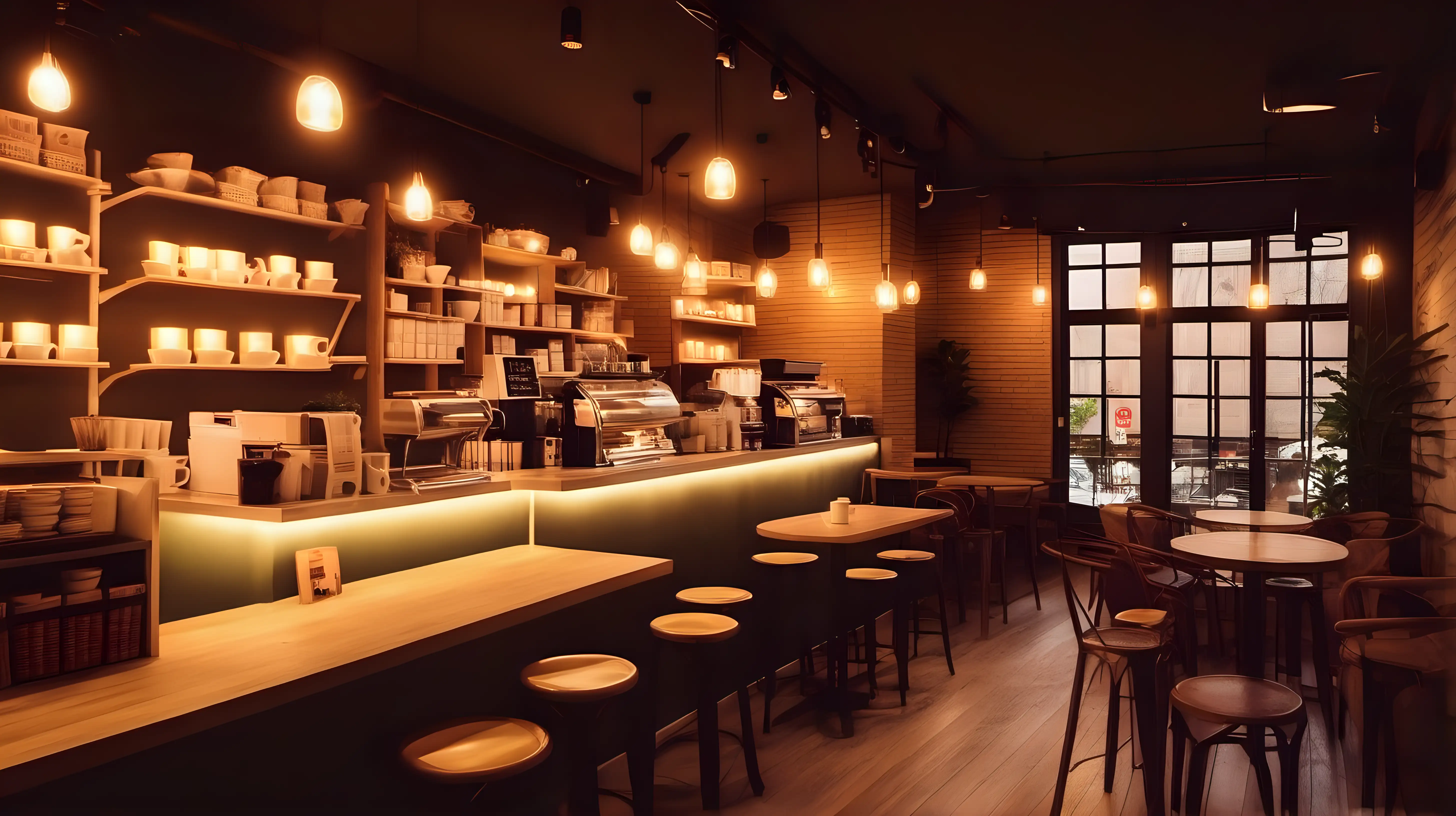 Warm and Inviting Coffee Shop Interior with Soft Lighting