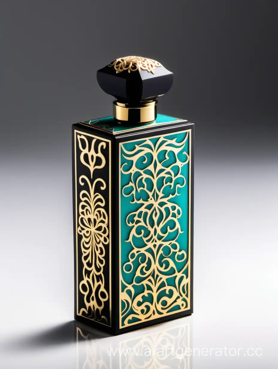 Dark dark matt black and gold Turquoise  luxury perfume rectangle vertical box 75% lines with arabesque pattern on white background