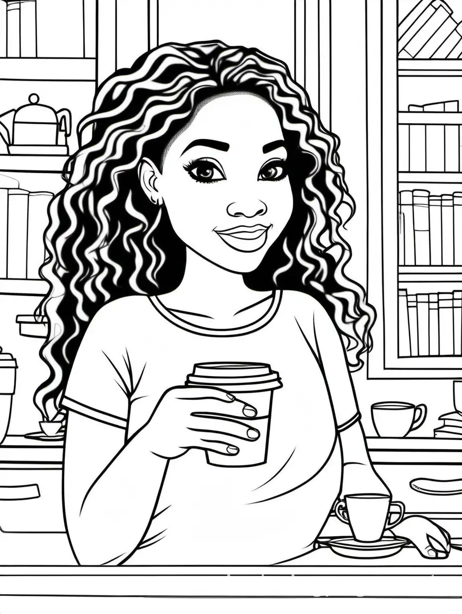 Pretty black, curvy girl holding coffee cup, Coloring Page, black and white, line art, white background, Simplicity, Ample White Space. The background of the coloring page is plain white to make it easy for young children to color within the lines. The outlines of all the subjects are easy to distinguish, making it simple for kids to color without too much difficulty