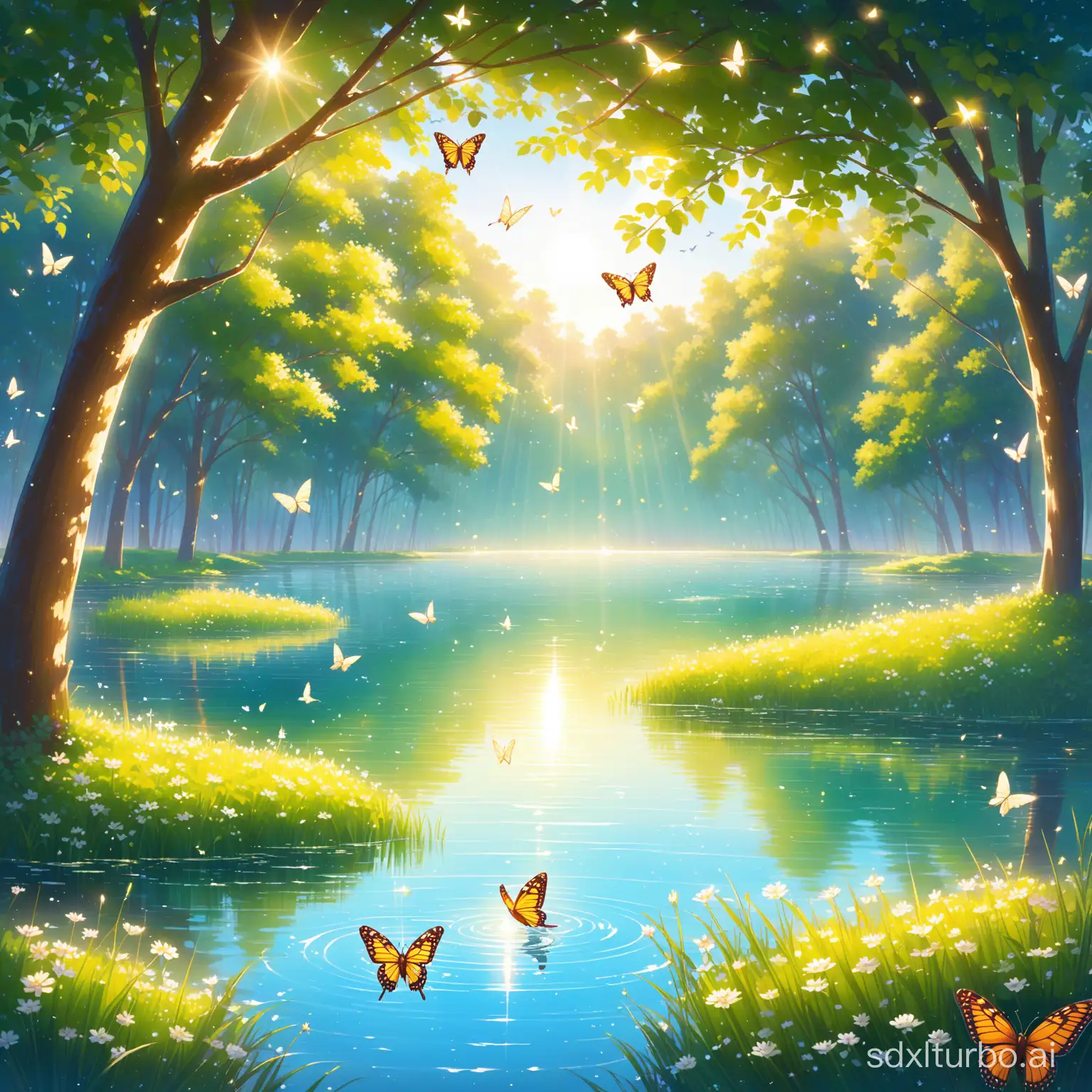 A tranquil lake, with sunlight sprinkling on the water's surface, butterflies fluttering, and birds cheerfully singing in the trees.