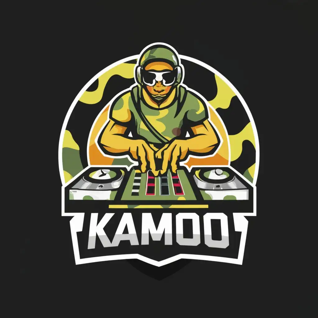 a logo design, with the text 'KAMO', main symbol: Soldier with camouflage paint playing turntable and wearing DJ headphones, Moderate, clear background