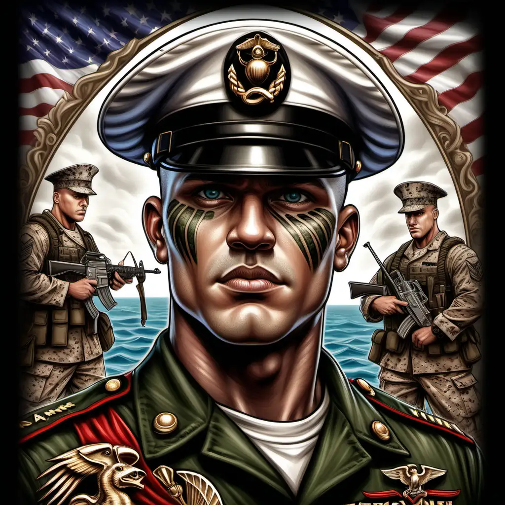 Create a cover page featuring a middle age strong and beautiful American US Marine drawn in a realistic cartoon style. The central figure should be striking and ornate, featuring intricate designs inspired by traditional camouflaged warriors face painting. His gaze should be piercing and captivating, looking straight ahead as if staring into the soul of the viewer. The drawing should focus on a headshot capturing his serene expression in detail. Incorporating elements of fantasy. Add vivid color.