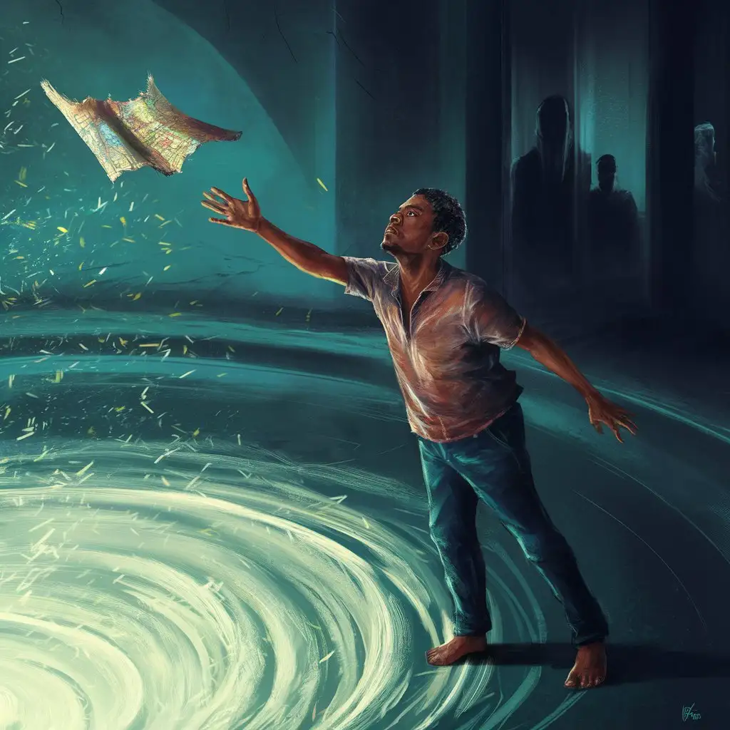 A lone figure standing at the edge of a swirling vortex of light, reaching out desperately for a floating map that is being carried away by the wind. The man's face is a striking blend of different ethnicities, reflecting the diversity and complexity of his identity. In the background, shadowy figures can be seen watching from a distance, symbolizing lost role models or guardians who have vanished from his life. This poignant image captures the theme of seeking guidance and direction in a world filled with uncertainty and ambiguity.