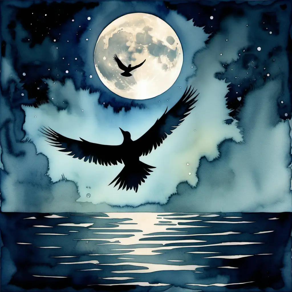 abstract water color pale design of sillouette of large bird flying in the full moon light