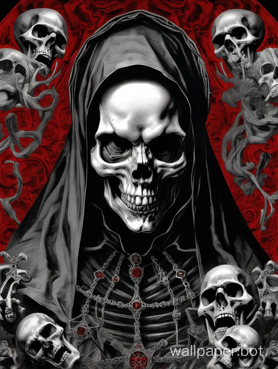 skull nun, crazy skull , asymmetrical, Peter Paul Rubens poster, drawing illustration, hyperdetailed, black, gray, red