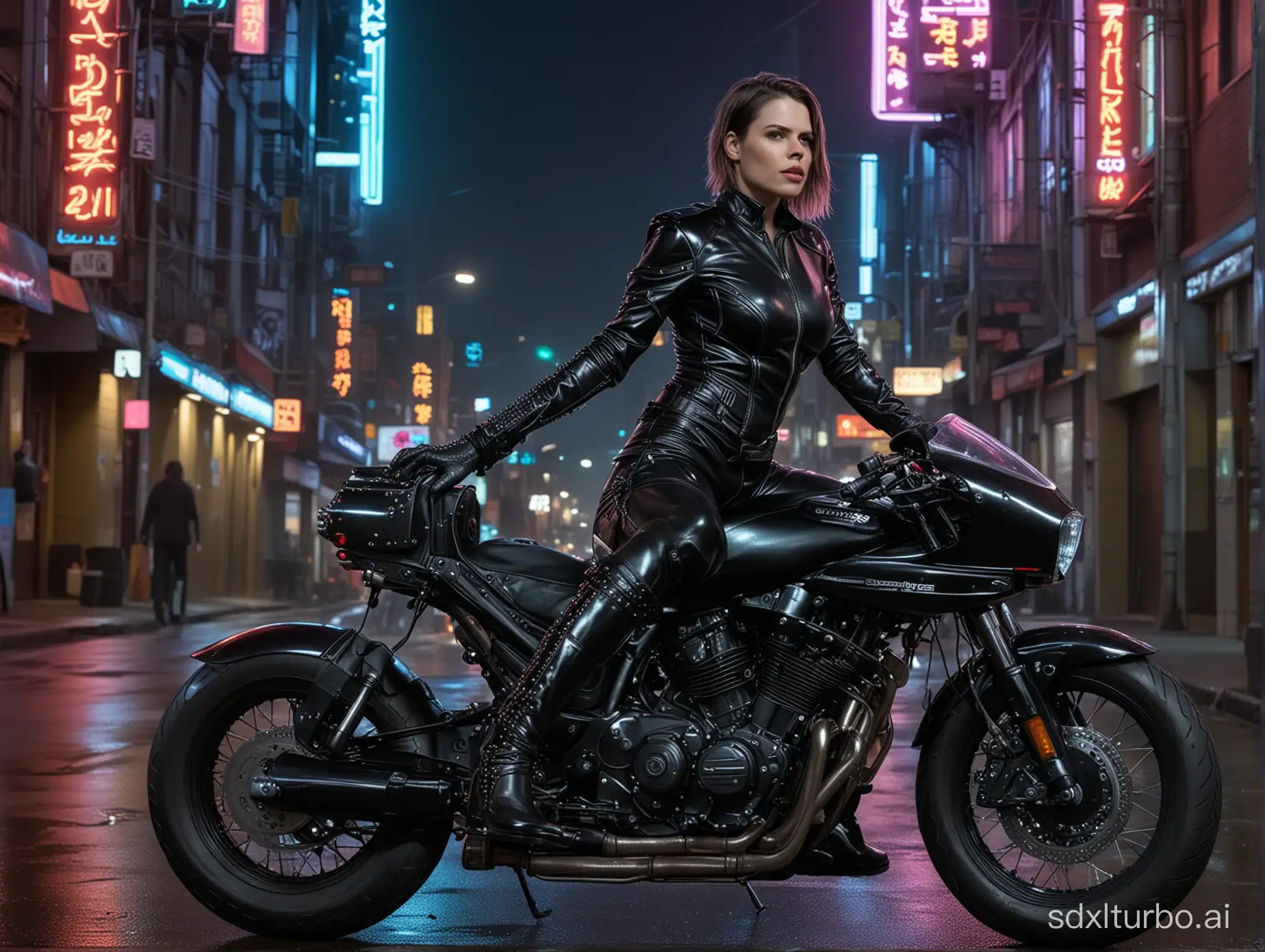 Detailed HD photo, full-length framing, cyberpunk police woman Clea Duvall riding motorbike, wearing black low-cut shiny PVC catsuit, wearing long shiny PVC gloves, wearing shiny PVC thigh-high boots, spikes and studs, in cyberpunk city at night, illuminated by neon