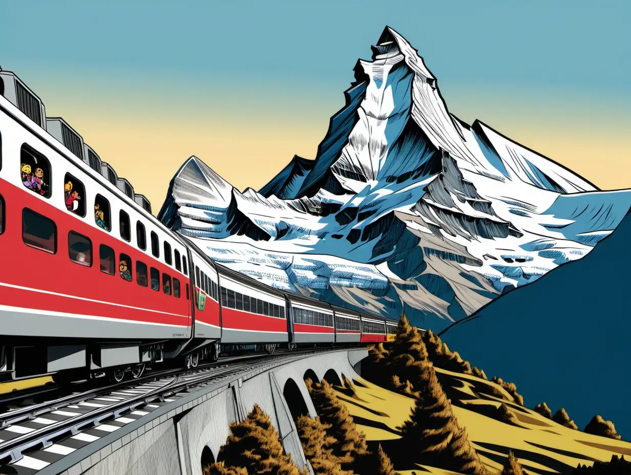 cartoon of the Matterhorn with a train in the foreground