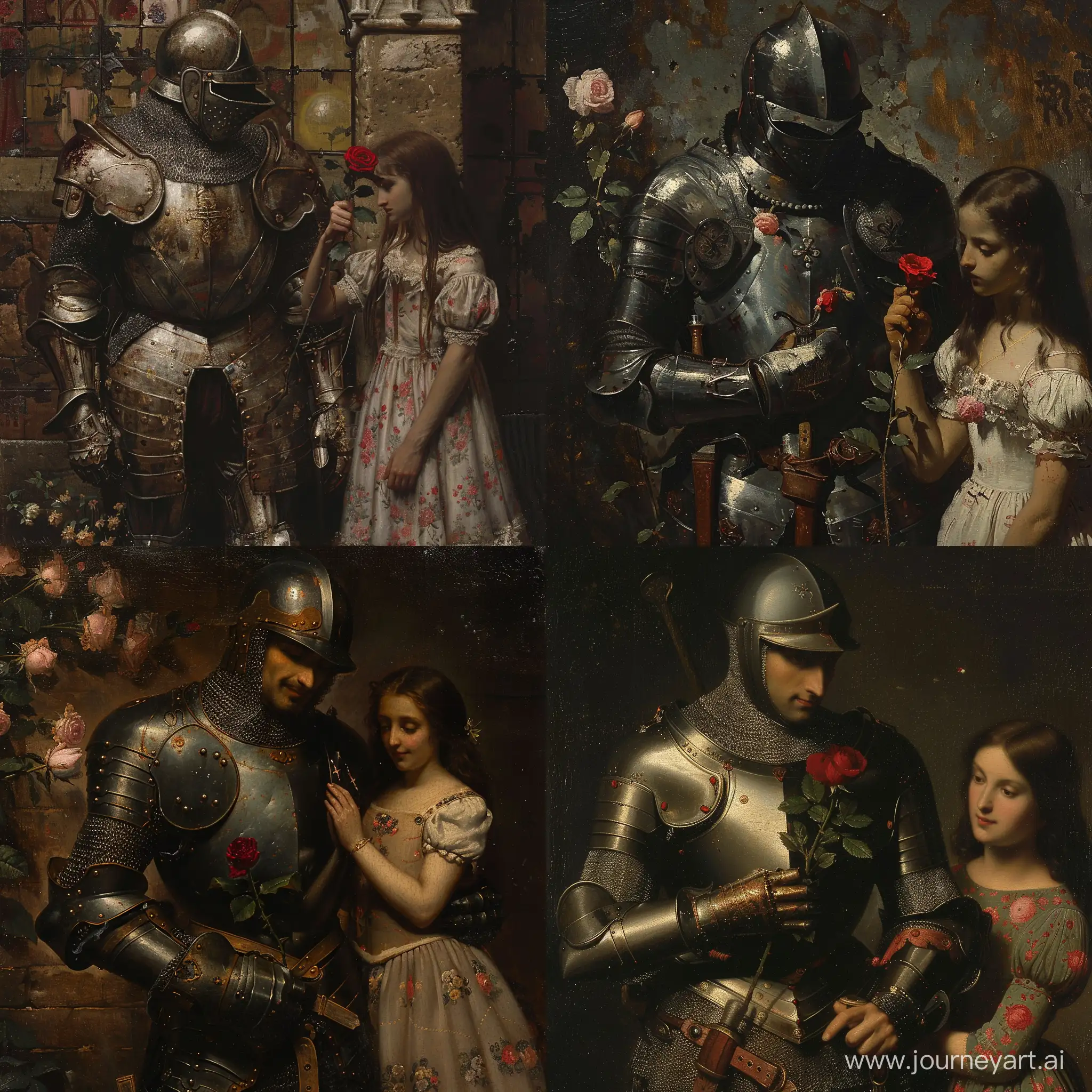 Knight-in-Armor-Holding-Crimson-Rose-with-Sweet-Girl-Renaissance-Style-Painting