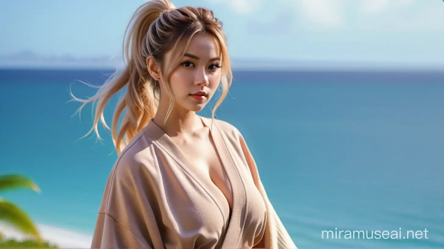 1.	Extremely cute girl; extremely muscular; beautiful; sexy; seductive; messy hairstyle; big breasts; beige hair; wearing a beige sweatshirt with an open front; caped sleeves; short wrapped sleeves; big breasts; tight sweatshirt; with kimono sleeves; remote tropical island; high messy pony; long bangs; extremely muscular arms;