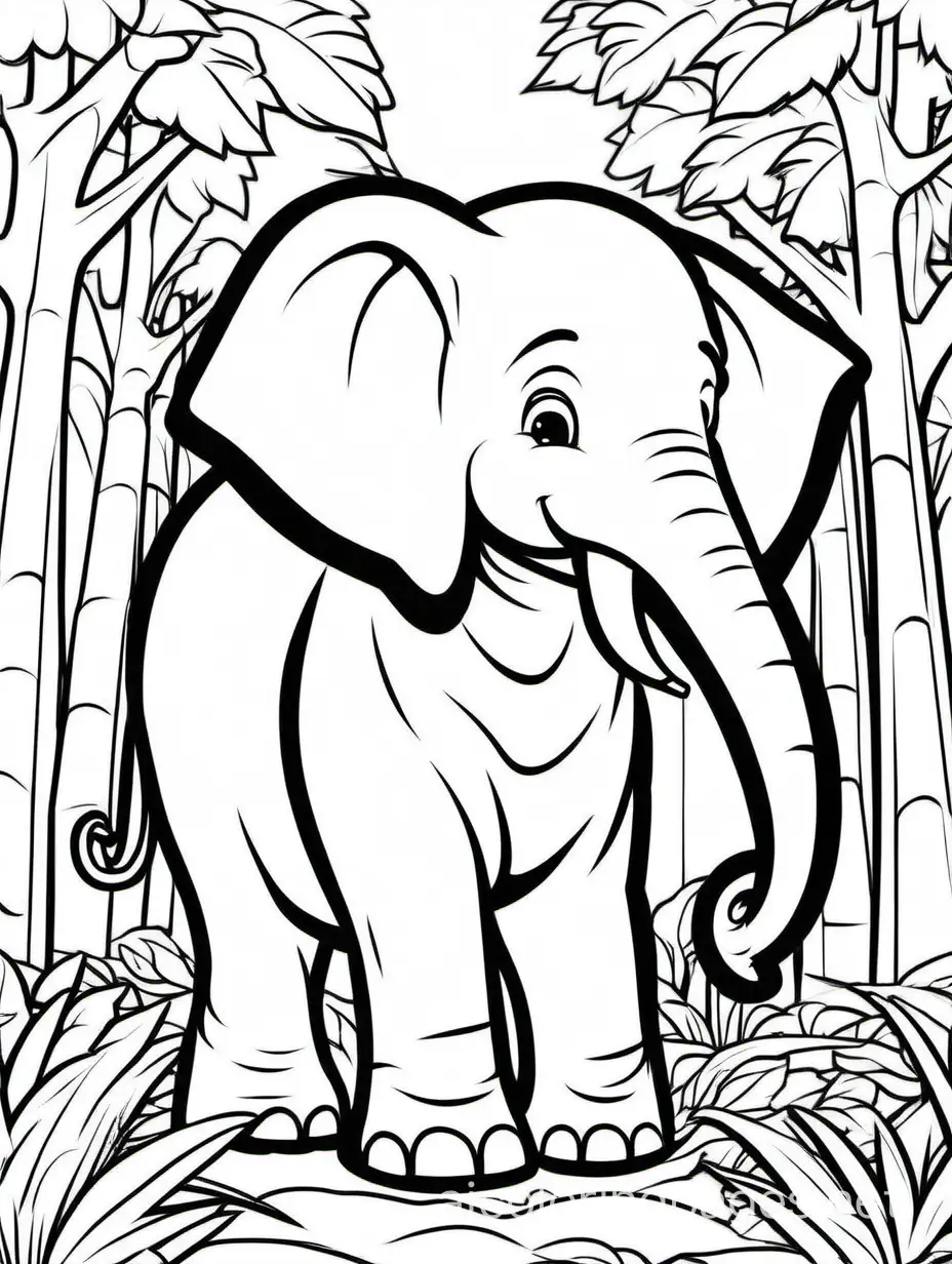 line art, outline image, illustration, white background, vectorize, cute elephant in a forest for kids to color, Coloring Page, black and white, line art, white background, Simplicity, Ample White Space. The background of the coloring page is plain white to make it easy for young children to color within the lines. The outlines of all the subjects are easy to distinguish, making it simple for kids to color without too much difficulty