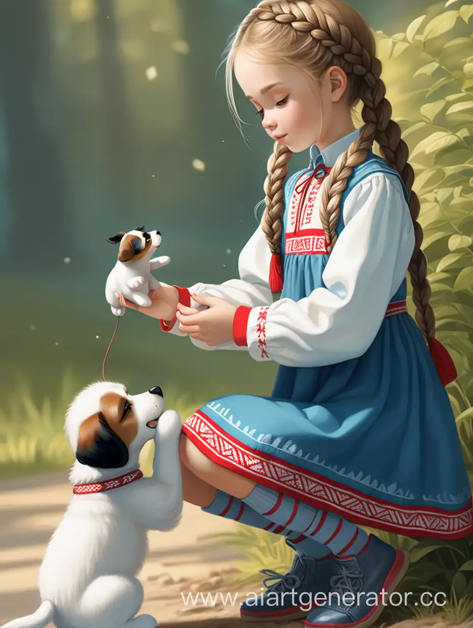A girl in rolled down socks and a Russian national mini-dress with long sleeves and braids is petting a puppy, full length