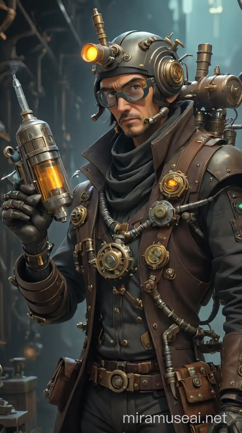 Dystopian Doctor with Robotic Steampunk Style and Raygun Syringe