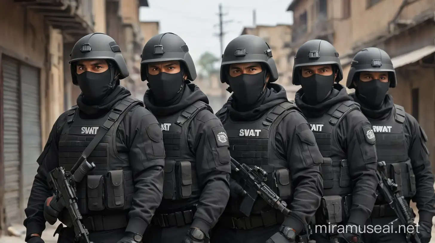 5 SWAT MEN ONLY THE BACK CAN SEE , ALL MEN WEAR ALL BLACK WITH FACE COVER IN BUILDINGS BACKGROUND