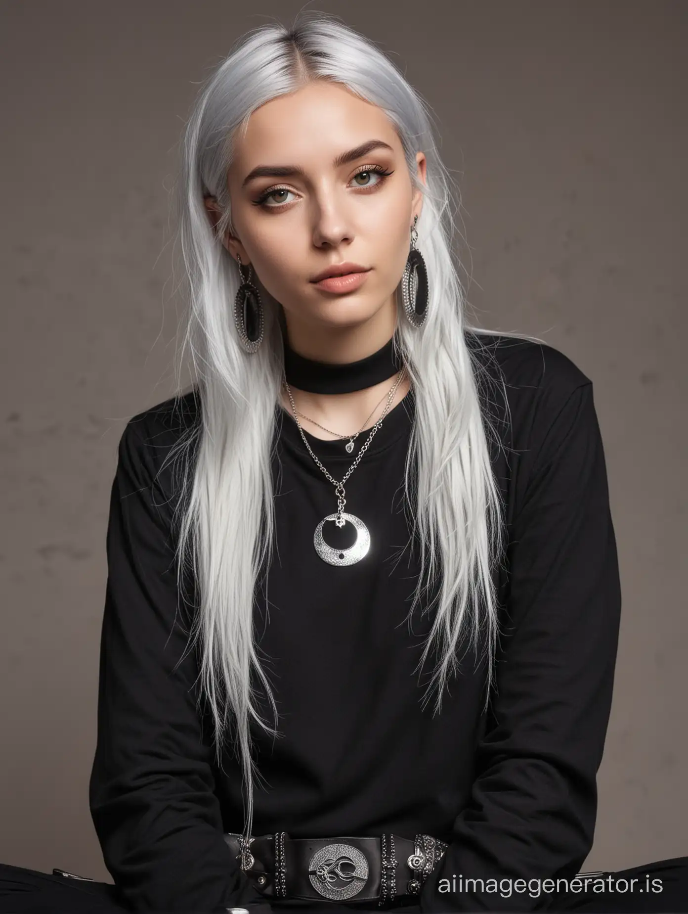 A young woman with grey dyed hair, fair skin, deep brown eyes, wears contact lenses, wears dark academia clothes, silver necklaces with a yin yang and an half moon necklace, a pair of silver feather earrings and a pair of doc martens black boots