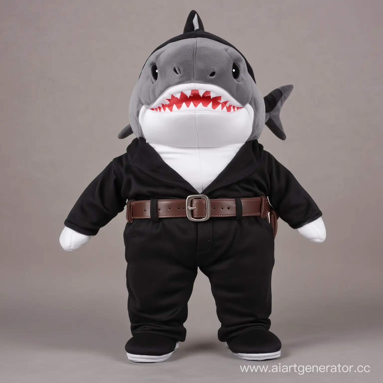 Adorable-Plush-Shark-Wearing-Stylish-Black-Pants-with-Belt