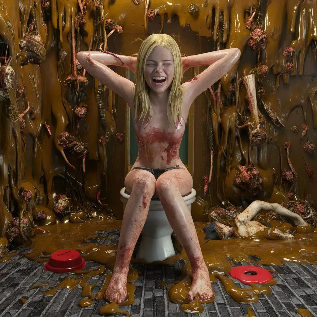 3d ultra realist resolution render, unreal engine render image portrait of blond young twenty girl painful laughing arms up hair body armpits, sit on toilet flood by liquid mud organic trash bones worms and push red botton Drown slave, lines of iron square box on floor.
