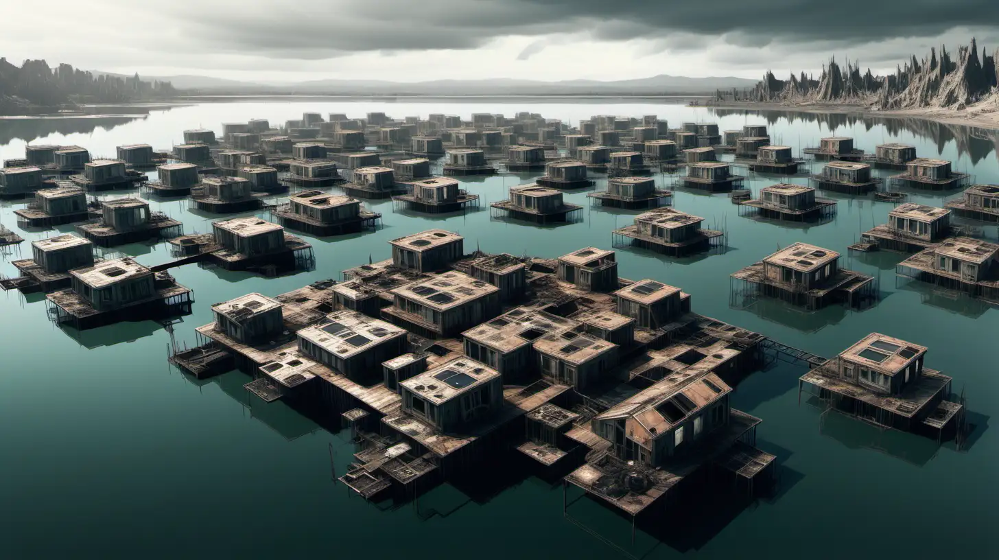 large complex of floating platform houses attached together at the centre of a lake, post-apocalyptic sci-fi
