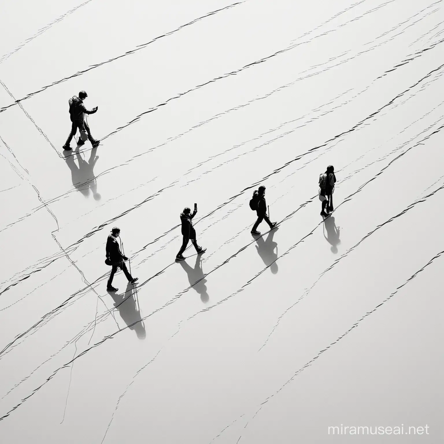 black and white simple line drawing of people walking while watching their phone seen from above