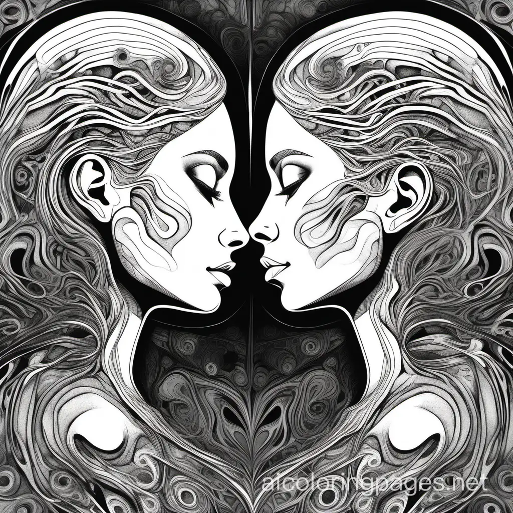 A captivating and Cinematic illustration featuring a mesmerizing painting of two intertwined faces, where the features of a woman's profile seamlessly blend into an intricate dance of flowing lines and color ink splatters. The mixed colors masterfully contrasts the fluidity of the lines, creating a dynamic and captivating composition. The artwork evokes a contemplative and introspective atmosphere, inviting viewers to delve into the hidden emotions and thoughts that lie within the strokes of the drawing, making it a perfect conceptual poster for a thought-provoking cinematic experience., cinematic, poster, vibrant details, illustration intricate details. 3Dphoto-realistic, 32k resolution , Coloring Page, black and white, line art, white background, Simplicity, Ample White Space. The background of the coloring page is plain white to make it easy for young children to color within the lines. The outlines of all the subjects are easy to distinguish, making it simple for kids to color without too much difficulty