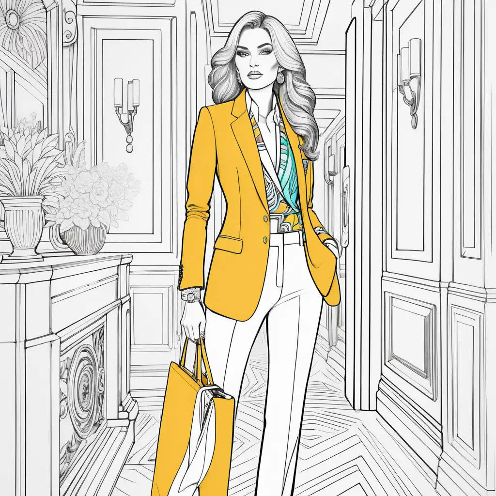 Coloring page with white interior with A lady in a bold and vibrant pantsuit, reflecting the resurgence of power dressing and bold color choices in modern fashion.