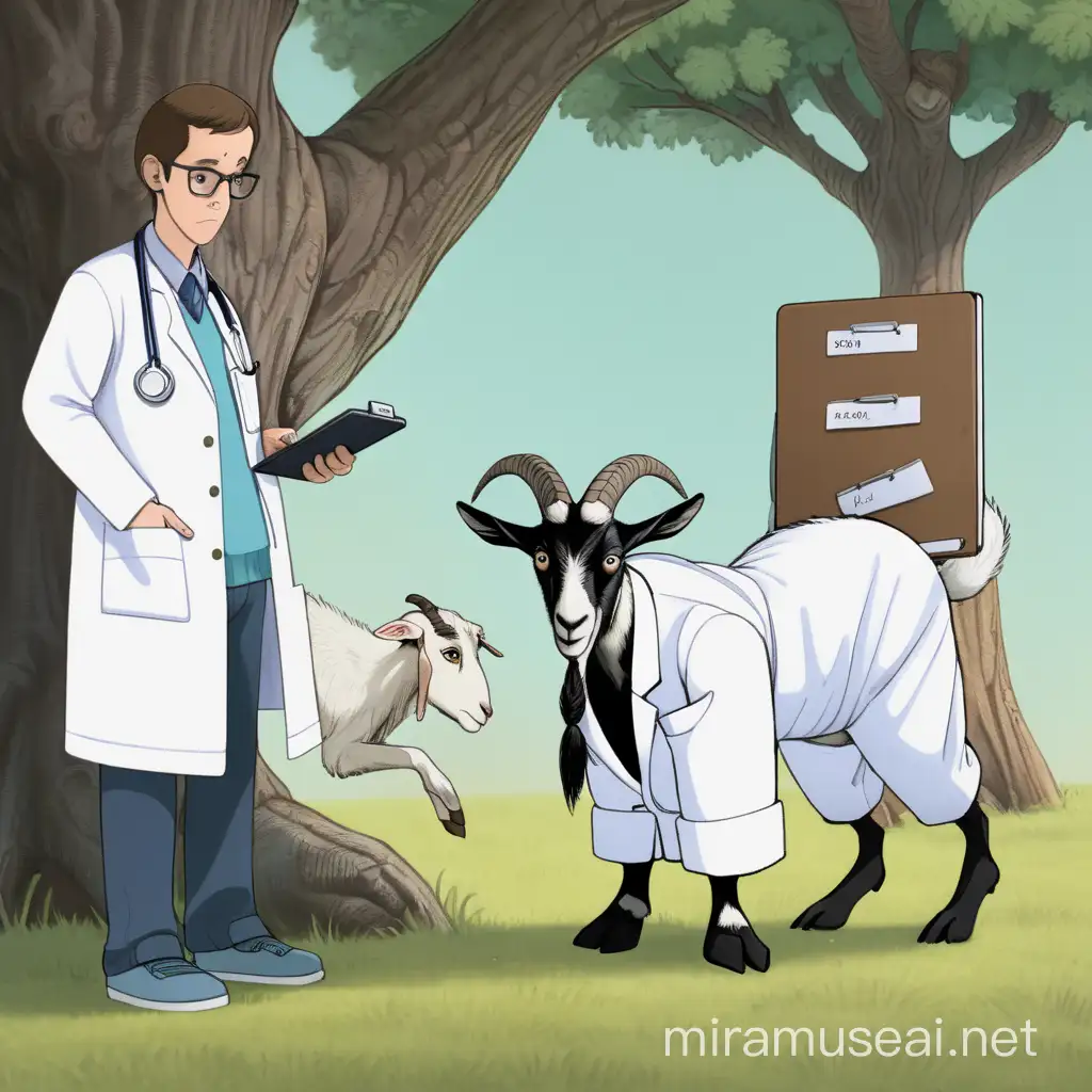Scared Goat Hiding from Scientists with Clipboards