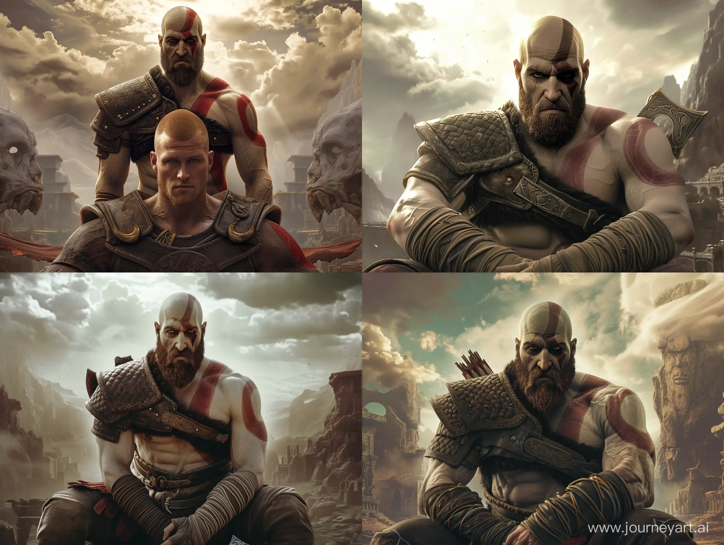Kratos sits on Ishowspeed's shoulder and looks straight into the camera in a hyper-realistic photographic style, with the scene set in a mythical landscape reminiscent of the world of God of War. Ishowspeed, towering and muscular, embodies the godlike stature of Kratos, with his face transformed to resemble the iconic character. Kratos is depicted in his signature attire, adorned with intricate armor and wielding his iconic Leviathan Axe. He sits atop Ishowspeed's shoulder with a commanding presence, his gaze piercing and intense as he locks eyes with the viewer. The environment is epic and grandiose, with towering mountains, ancient ruins, and swirling storm clouds adding to the epic scale of the scene. The art style prioritizes meticulous detail and lifelike rendering, capturing the texture of Ishowspeed's skin and the intricate details of Kratos' armor with remarkable authenticity. The camera angle is carefully chosen to capture the scene from a dramatic perspective, emphasizing the power and intensity of Kratos' stare. Rendered with high resolution and naturalistic lighting to enhance the hyper-realism of the scene.