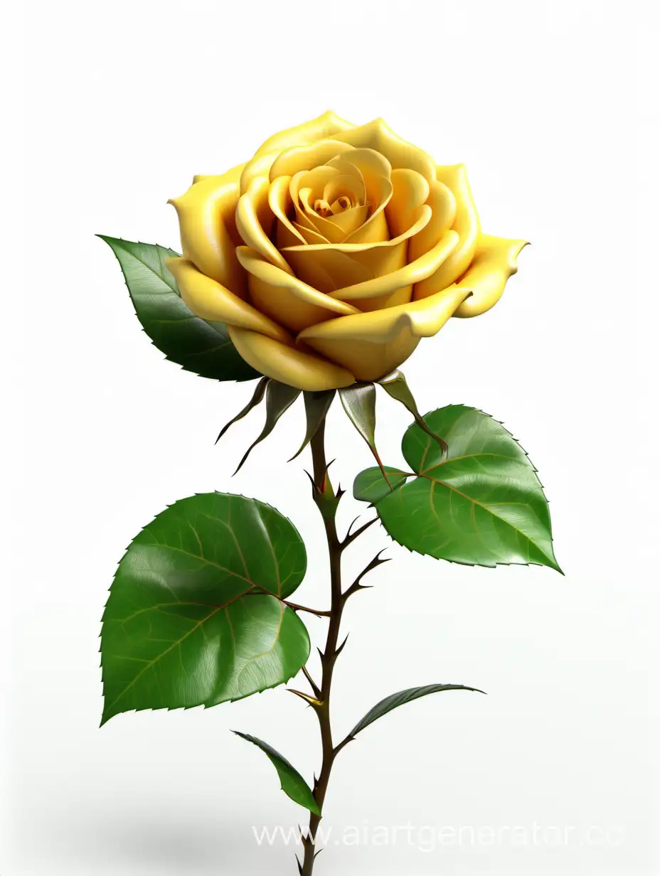 Realistic-Dark-Yellow-Rose-with-Fresh-Lush-Green-Leaves-in-8K-HD-on-White-Background
