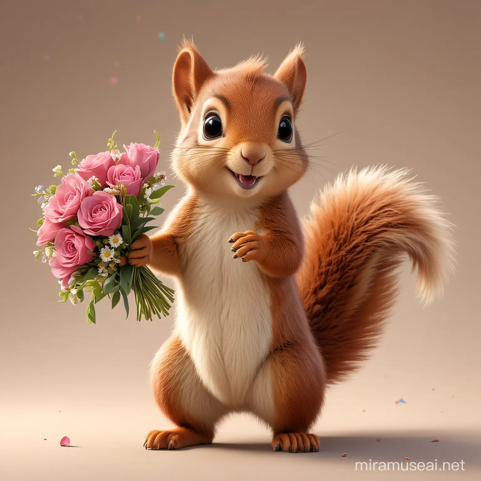 squirrel cub with bouquet of flowers, birthday, in Disney Pixar style