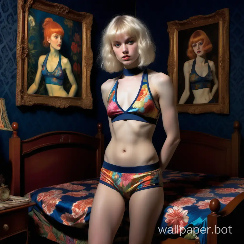 A Painting of a pretty, petite, flat-chested, slender young lesbian with fair, pale skin and blonde hair cut very short, with a boyish fringe. Sporty, athletic panties in anachronistically 1970s bold, bright, vibrantly multicoloured, psychedelic stylised floral prints, and cropped, high-necked halter top that show her toned muscular body. An anachronistically modern, boyishly-haired girl in an old-fashioned scene. The aesthetic and textures of a Victorian Pre-Raphaelite fine art oil painting. A feminine Victorian bedroom. Full body-length portrait. Night, lit by dim lamps. The acid bright, vibrantly multicoloured, stylised flower-power psychedelic print underwear stands out starkly in midnight blue, subdued Victorian aesthetic of the bed covers and walls. Seductive, erotic scene