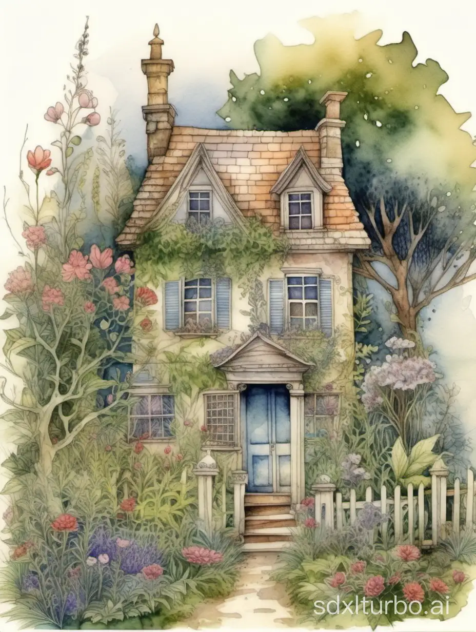 a small weathered house in a romantic, overgrown garden, highly and delicately detailed drawing, intricated watercolor