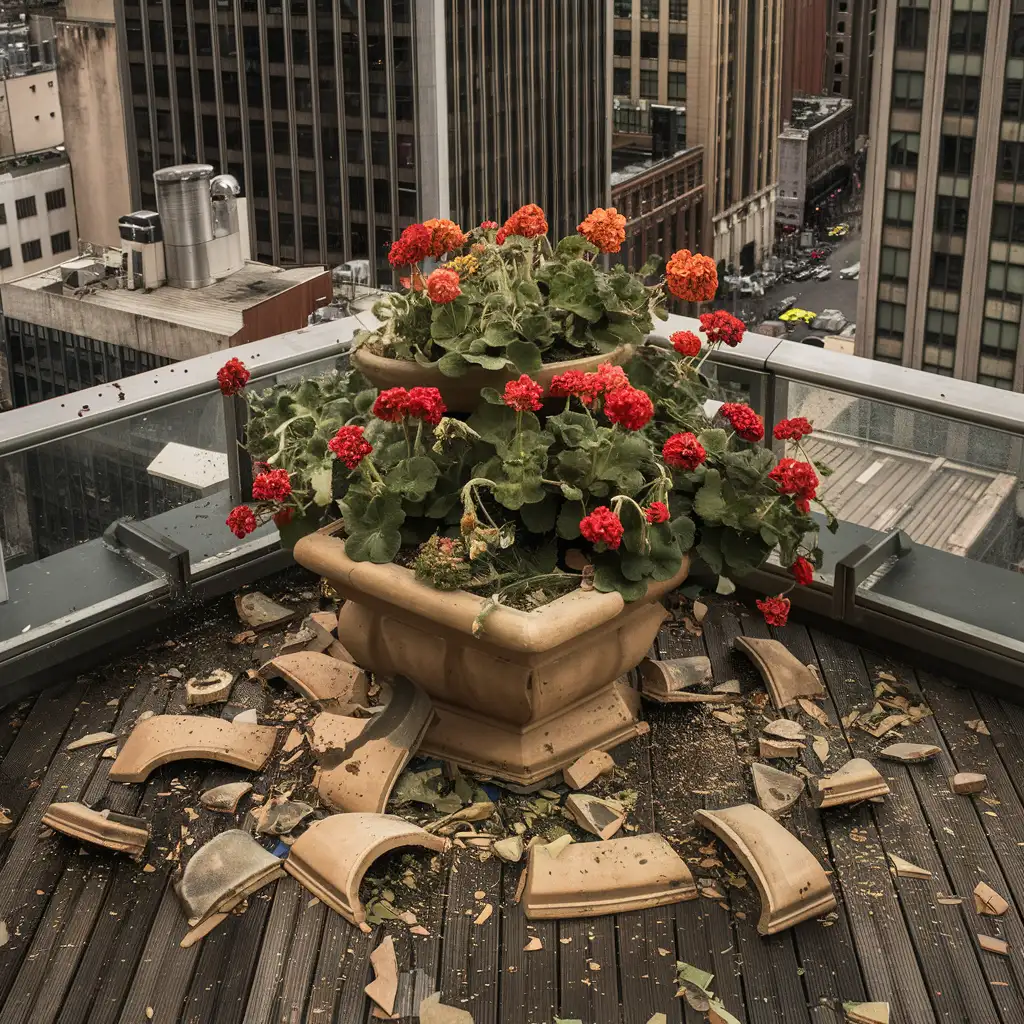 an exploded planter dared on a balcony in the city center. there are geranium in it.