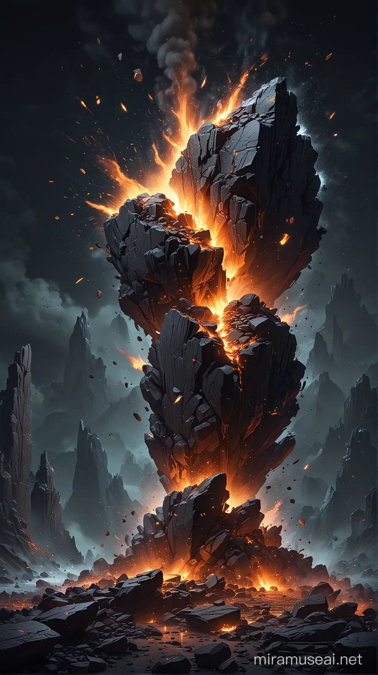 flying island hit by a huge rock in the night, shattered rocks and falling fire trails, dark background, side view,  low light, game art, digital painting, digital art, blizzard art style
