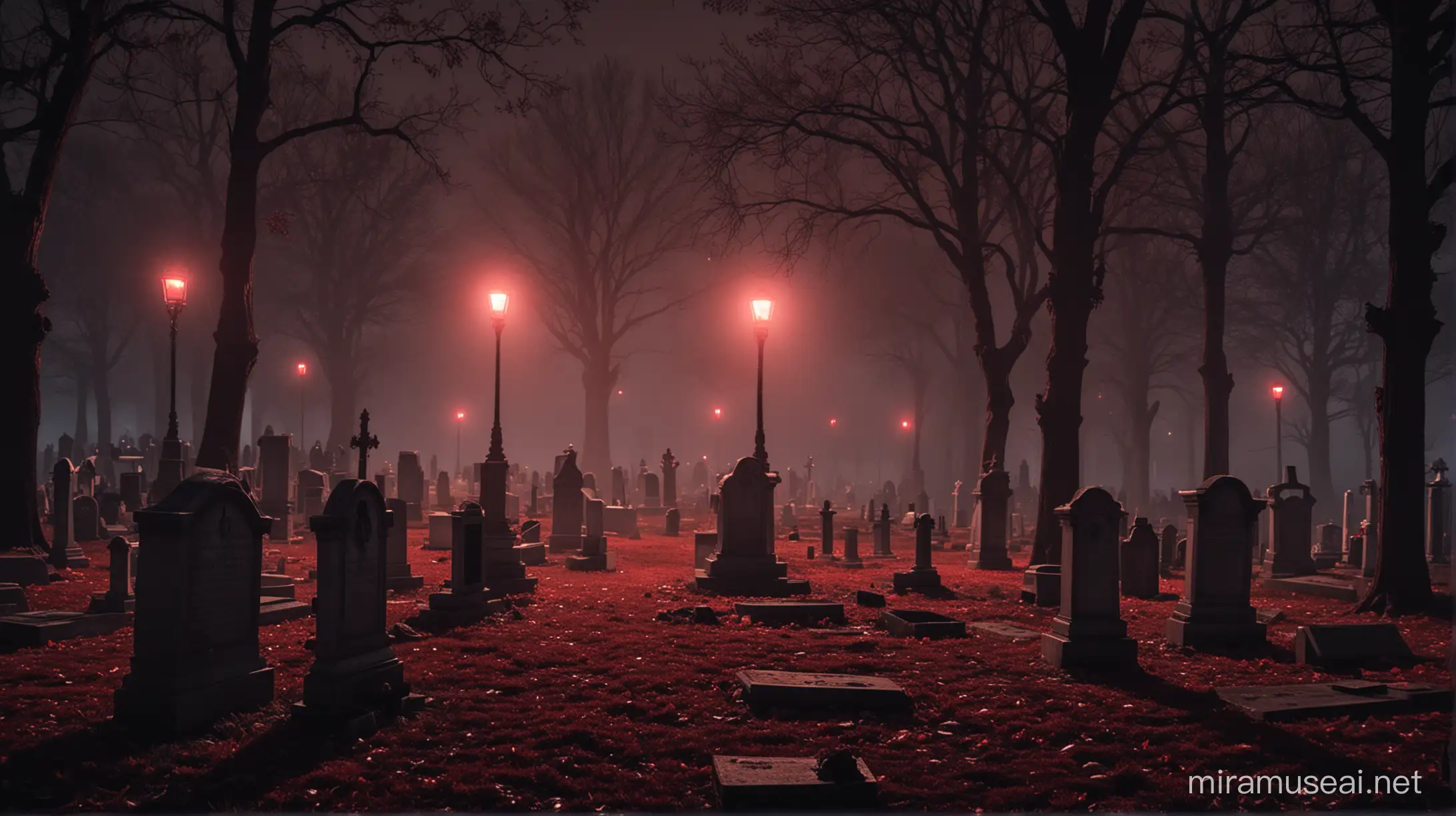 Gothic Cemetery Scene Red Grave Lights Illuminate the Night