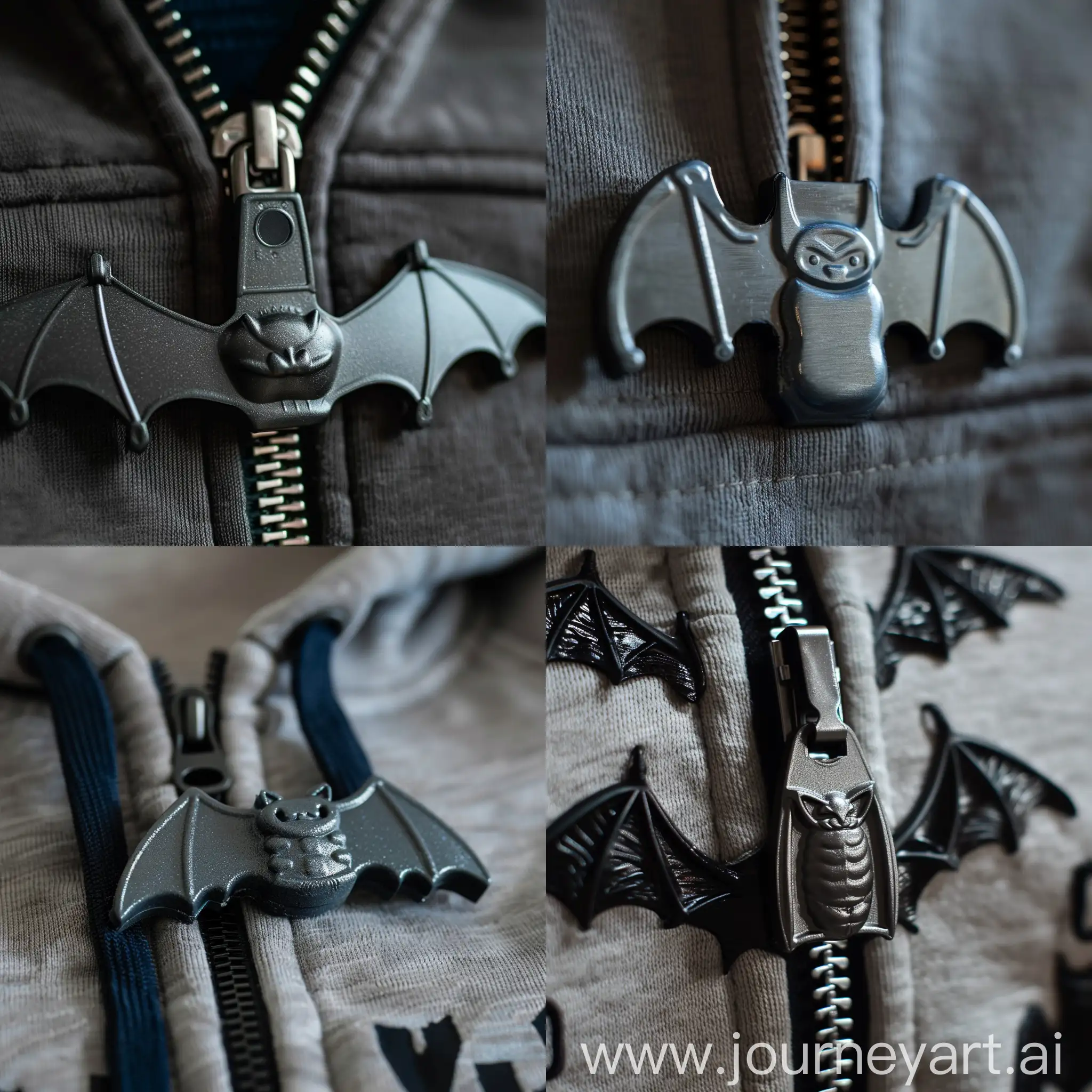 Close-up of Zipper on a sweatshirt slider have the form of a sleeping bat made of aluminium