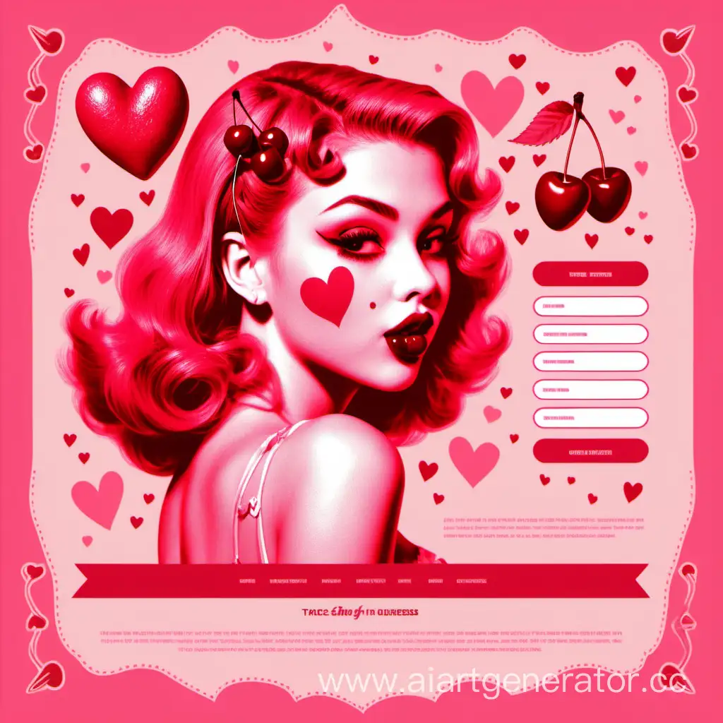 сайт с текстом в розово-красном стиле, с девушкой, следами поцелуев, вишенками, сердечками, слегка в ретро стиле