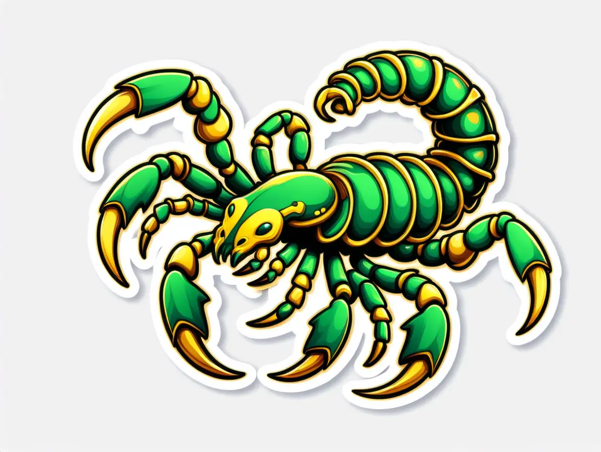 Green And Gold Scorpion , Sticker, Hopeful, Bold Colors, art toy style, Contour, Vector, White Background, Detailed

