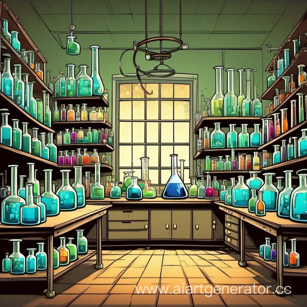 Whimsical-Cartoon-Laboratory-with-Colorful-Flasks