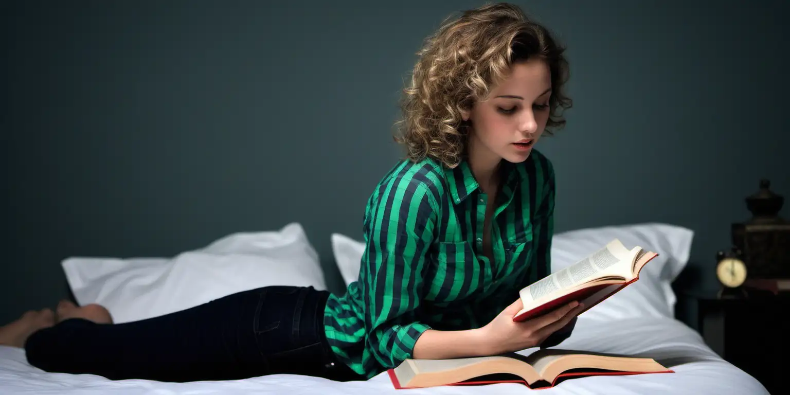 CurlyHaired Woman Relaxing with a Book on Bed in Green Checkered Shirt
