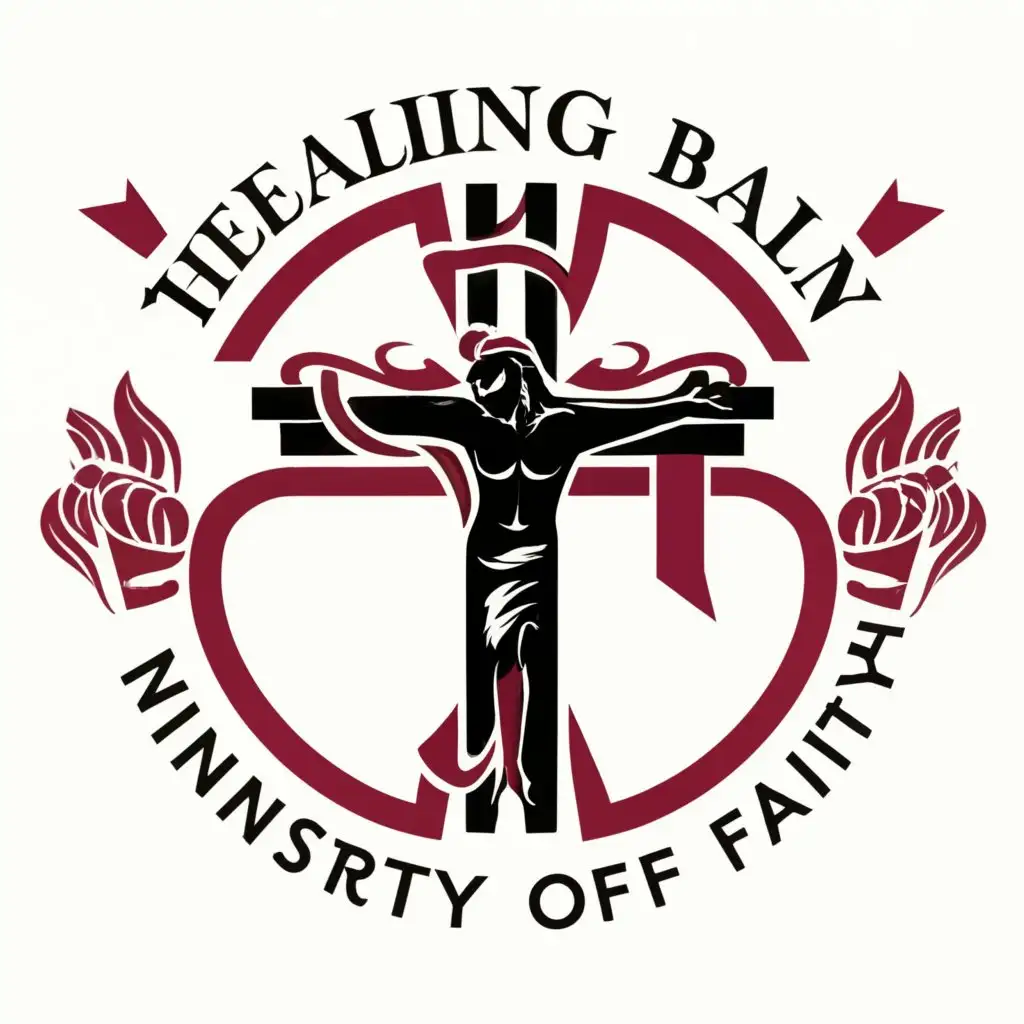 a logo design,with the text "healing Balm Ministry of Faith", main symbol:cross, pierced hands of Jesus, The blood, the holy spirit on fire,complex,be used in Religious industry,clear background