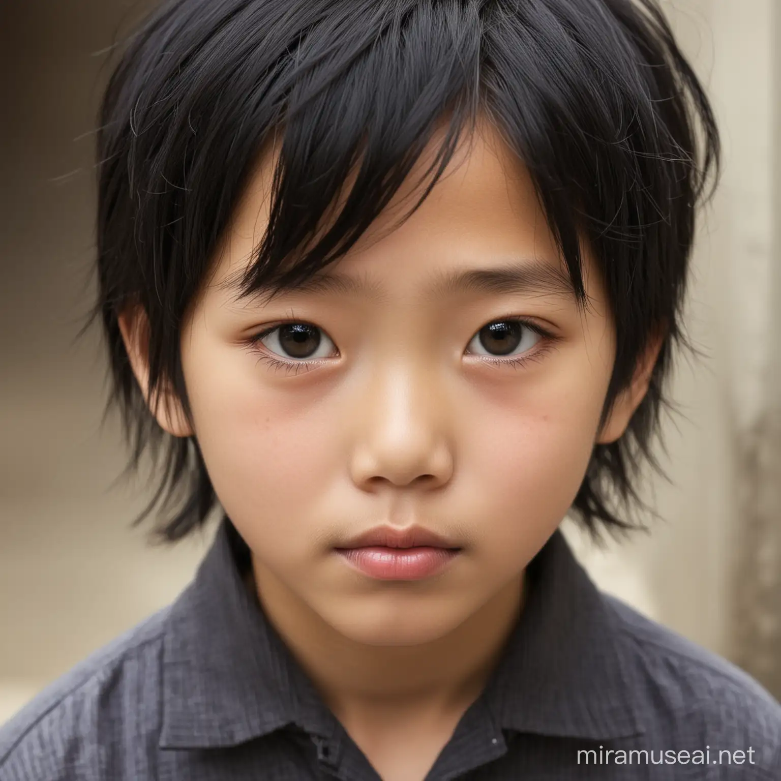 An Asian boy. He is 7 years old. He has black hair. He has white skin
