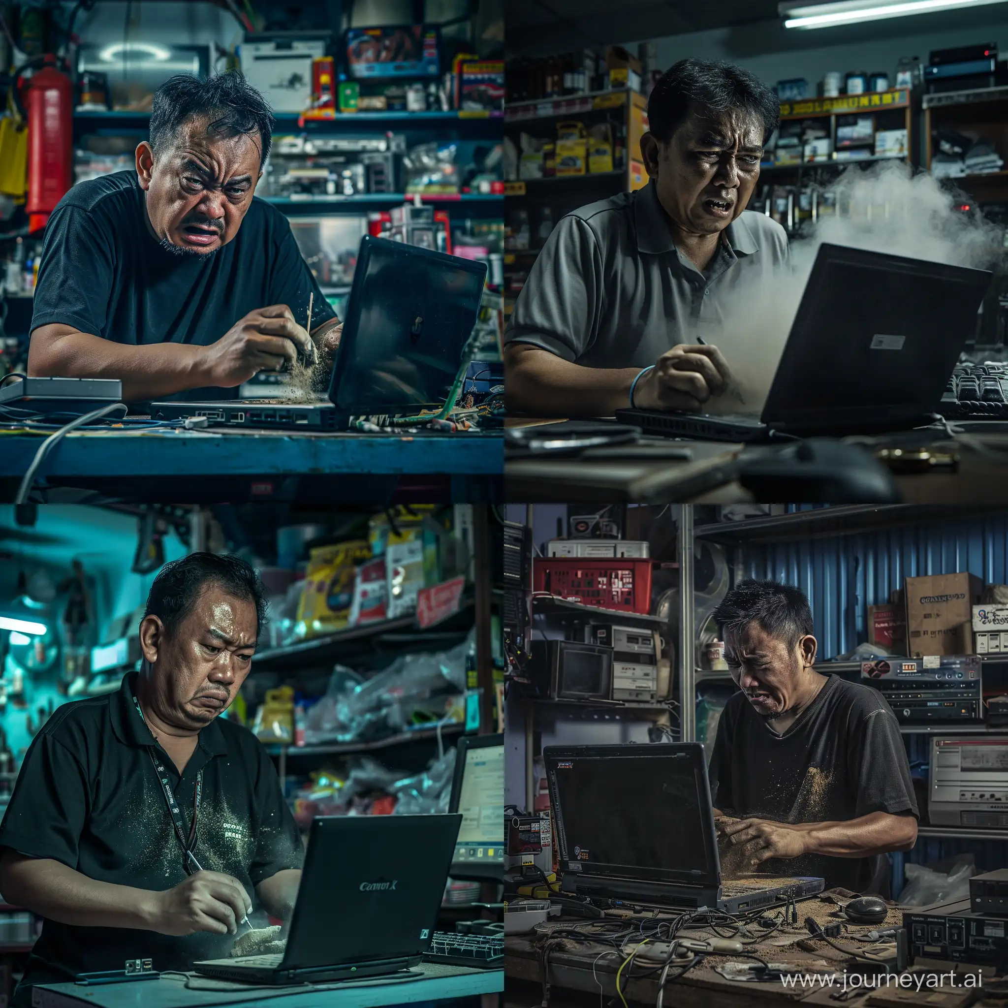 ultra realistic, angry malay technician repairing dusty laptop, modern computer shop, canon eos-id x mark iii dslr --v 6.0